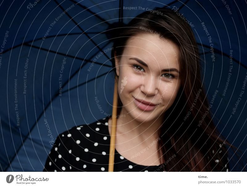 Yuliya Feminine Young woman Youth (Young adults) 1 Human being Dress Umbrella Brunette Long-haired Observe Smiling Looking Wait pretty Contentment