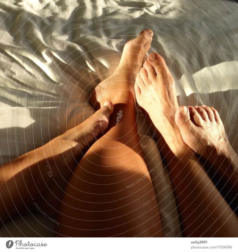 Put your feet up... Living or residing Flat (apartment) Bed Bedroom Human being Couple Legs Feet 2 Touch To enjoy Love Lie Esthetic Feminine