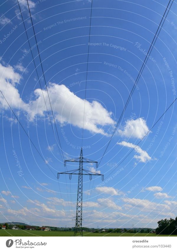 cloudier Clouds Electricity Energy industry Sky Blue Tall High voltage power line Electricity pylon Central perspective Beautiful weather Landscape