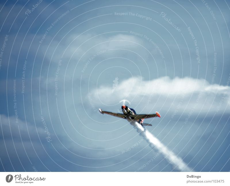 Overflight Permission Airplane Aerobatics Tails White Clouds Panic Acceleration Summer Fear Aviation Roller coaster Smoke Sky Blue Line Steam Wing