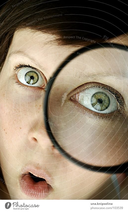 ooooaaaahr Young woman Youth (Young adults) Woman Adults Eyes Magnifying glass Under Green Take Amazed Investigate Enlarged Research Vista Face Dark-haired