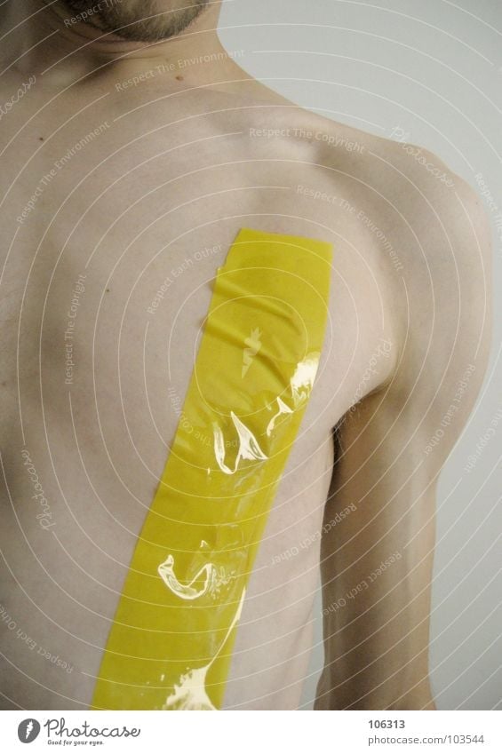 > THANK YOU > [0125/13] Devil Blindfold Connectedness Vision Scythe Man Adhesive tape Performance art Art Esthetic Contents Yellow Skeleton Vessel Thought Bra