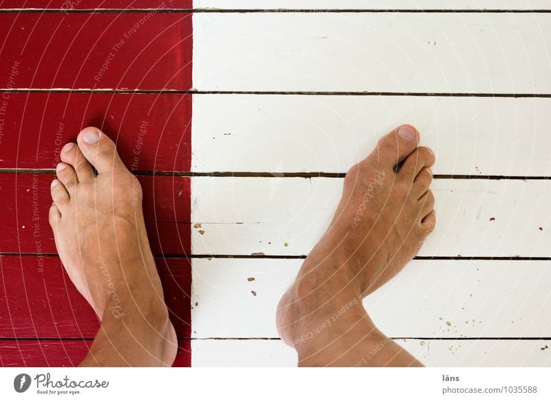 with one leg Legs Human being Ground planks Wooden floor Red White Feet