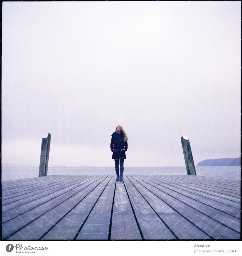 Wide Far-off places Young woman Youth (Young adults) 18 - 30 years Adults Environment Landscape Water Fog Coast Bay Ocean Footbridge Pole Plank Wooden stake