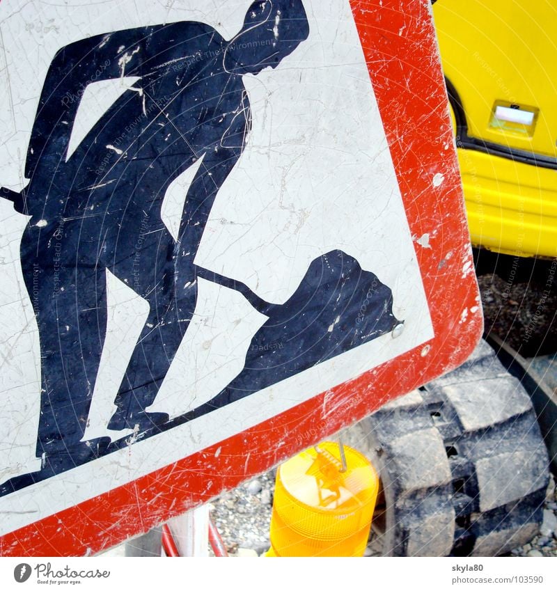 operation Construction site Construction worker Excavator Construction vehicle Road sign Man Shovel Work and employment Crooked Signs and labeling Warning label