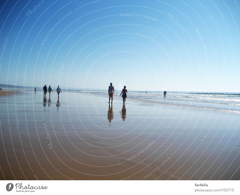 buzzer dream Summer Beach To go for a walk Far-off places Future Group Infinity Reflection Horizon Ocean Sun Human being Walking Blue Couple Level In pairs