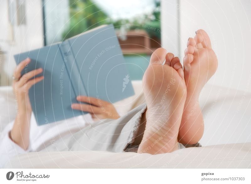 Woman puts her feet up and reads a book Relaxation Reading Education Adults by hand Book To hold on Living or residing natural White Moody Contentment