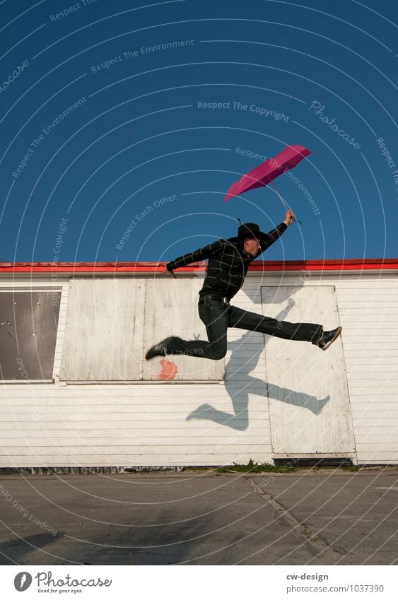 1400 jumper Jump Hop Joy Movement Summer Human being Joie de vivre (Vitality) Athletic Flying Sunshade Umbrella Umbrellas & Shades Exterior shot
