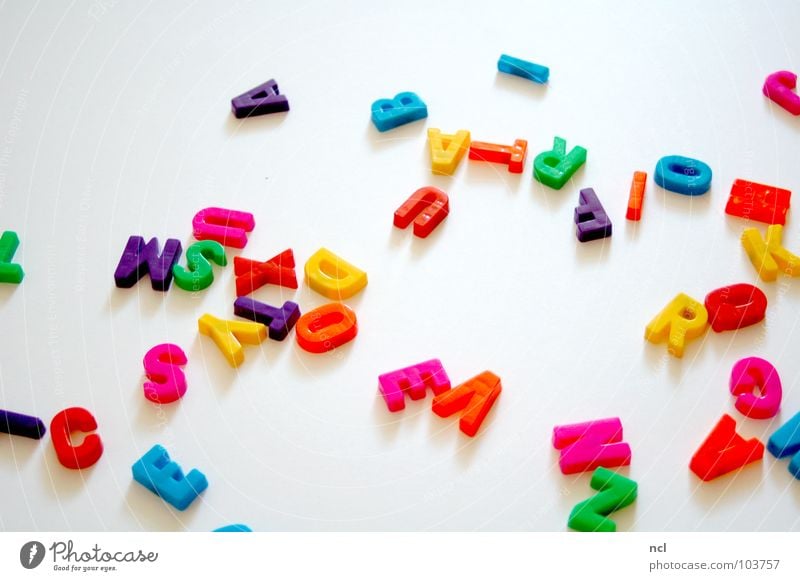 Letters THREE Letters (alphabet) Multicoloured Yellow Green Red White Word Magnet Reading Chaos Muddled Untidy Together Decoration Joy Characters letter letters