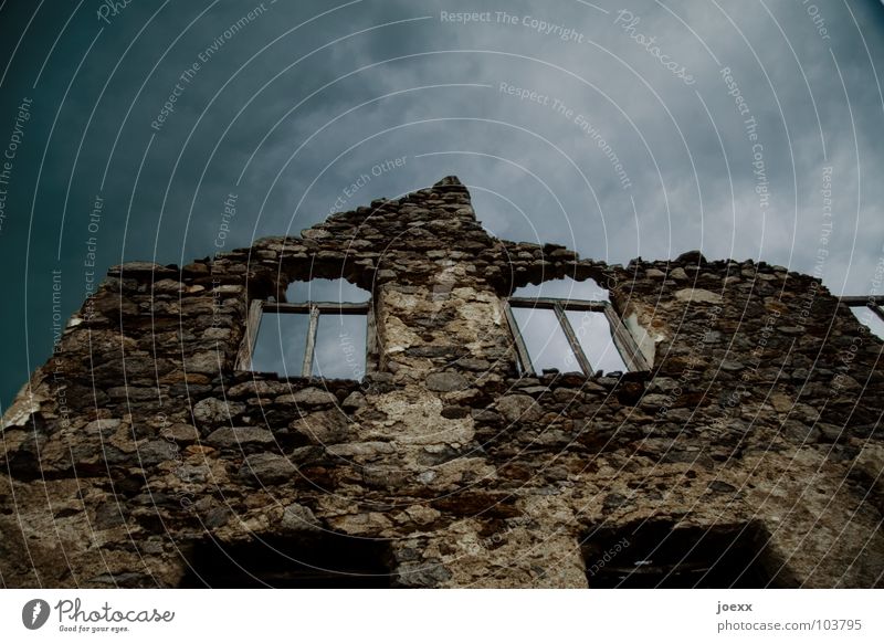 Homeless House (Residential Structure) Sky Storm clouds Bad weather Thunder and lightning Deserted Ruin Wall (barrier) Wall (building) Window Stone Old Dark