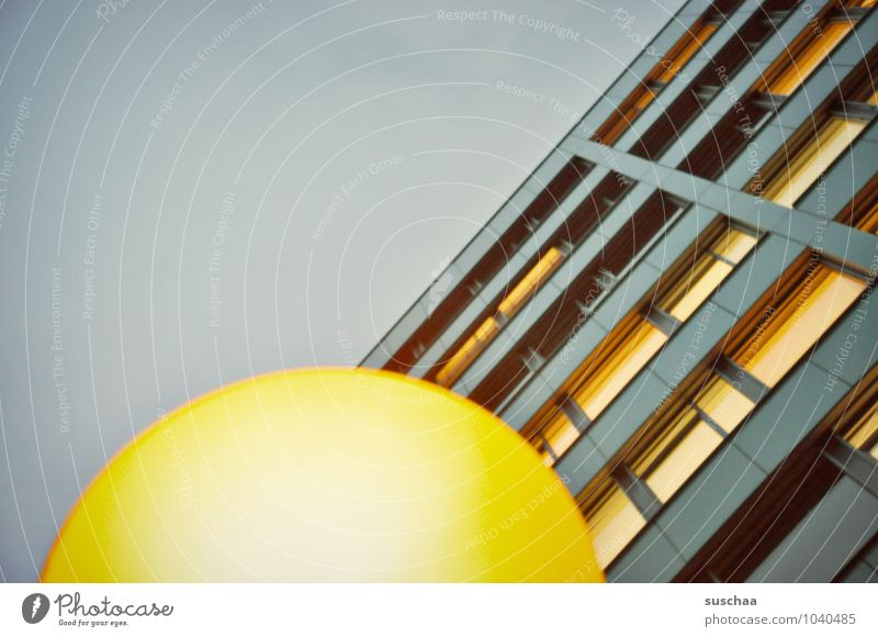 house & lamp Sky Town House (Residential Structure) High-rise Building Window Retro Blue Yellow Round Curved Line Geometry Abstract Colour photo Subdued colour