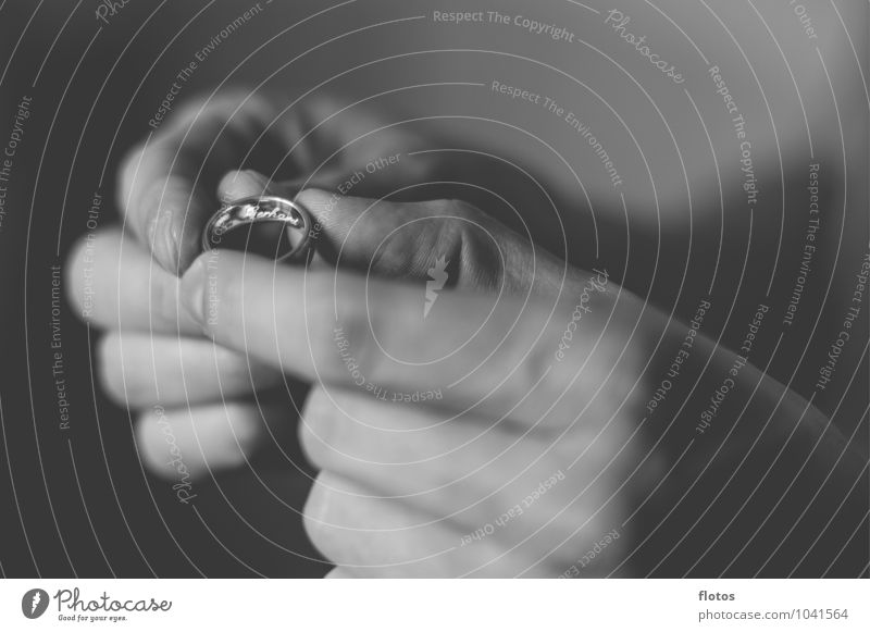 The Ring Masculine Hand Fingers Gold Sign Glittering Gray Black White Together Relationship Wedding Black & white photo Interior shot Close-up Day Light Shadow