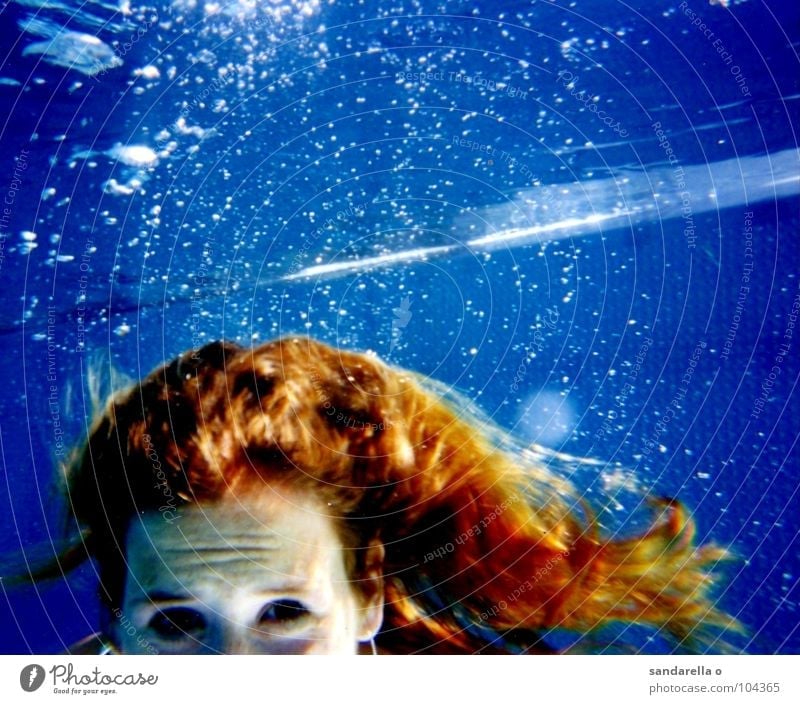 underwater girl Water Blue Diver Underwater photo Soap bubble Long-haired Mermaid Hair and hairstyles Swimming Bubble Oxygen Air Stop Portrait photograph Woman