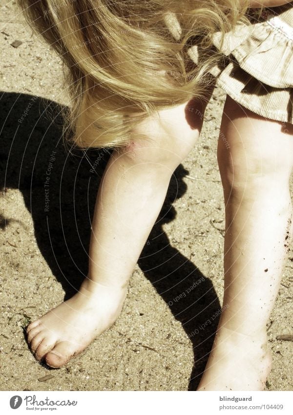 hmmm ... Child Dress Retro Small Toddler Girl Playground Playing Knee Toes Sweet Barefoot Sophie Hair and hairstyles Legs Feet Sepia Old Sand little leg looking