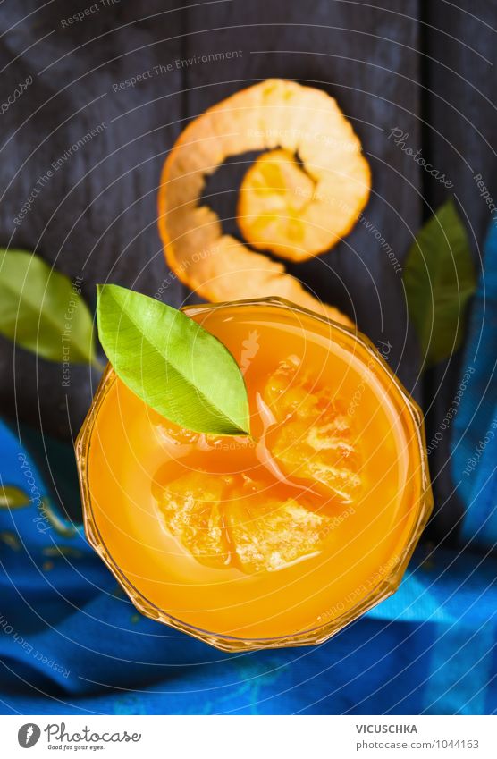 Tangerine juice on blue wooden table Food Fruit Orange Beverage Juice Glass Style Design Healthy Eating Fitness Life Kitchen Restaurant Nature Retro Yellow