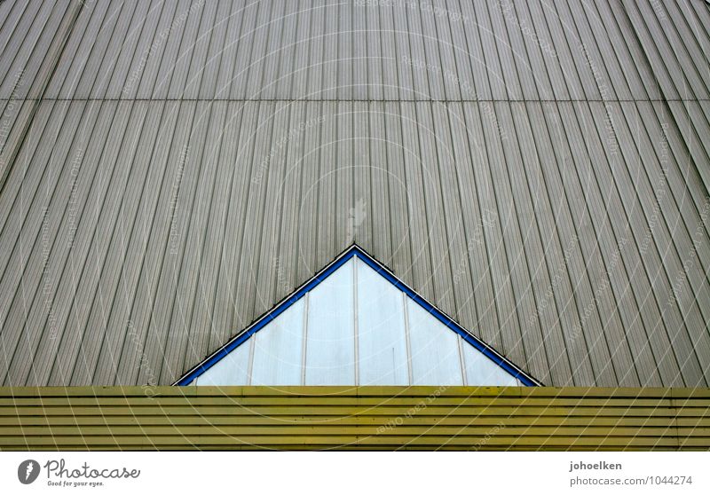 -^- Oberhausen The Ruhr Industrial plant Warehouse Facade Window Roof Olga Park Metal Sign Ornament Stripe Triangle Boredom Colour photo Exterior shot Detail