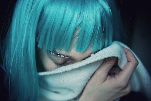 missing Beautiful Woman Adults Life Hair and hairstyles Hand Scarf Wig Bangs Freeze Dream Sadness Cry Uniqueness Cold Blue Turquoise Longing Loneliness