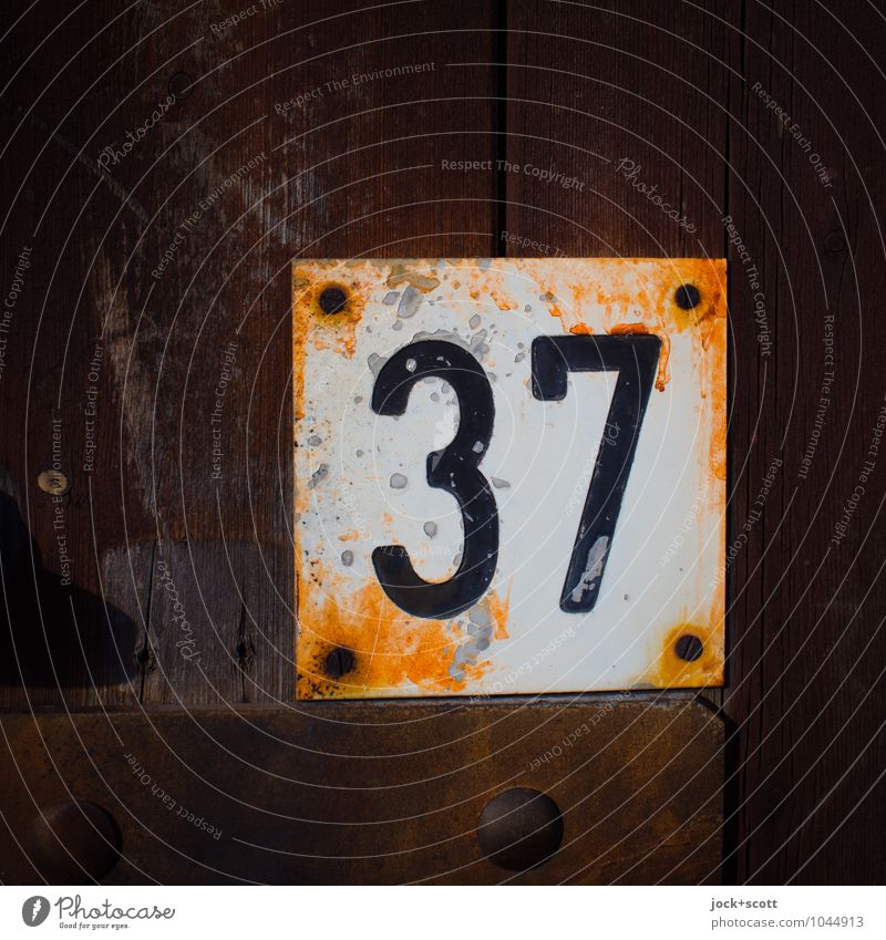 37 six times six plus one Typography Wood Metal Rust Digits and numbers Signs and labeling Square Old Retro Brown Transience Change Weathered Screw Embossing