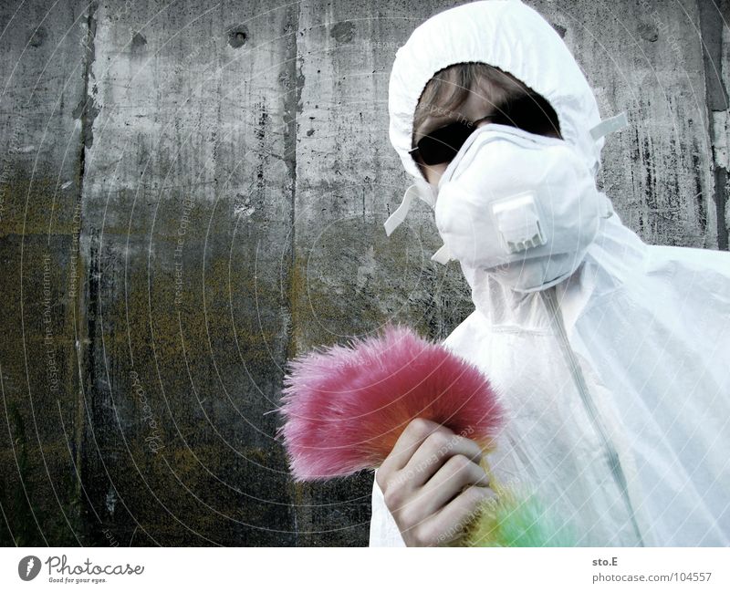 [b/w] wedelkämpfer #1 Fellow Posture White Working clothes Quarantine Laboratory Laboratory assistant Cleaning Cleaner Feather duster Multicoloured Mask
