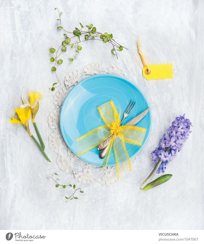 Blue plates with knife, fork and spring flowers Nutrition Banquet Plate Knives Fork Style Design Kitchen Restaurant Spring Flower Yellow Pink Life Nature blue