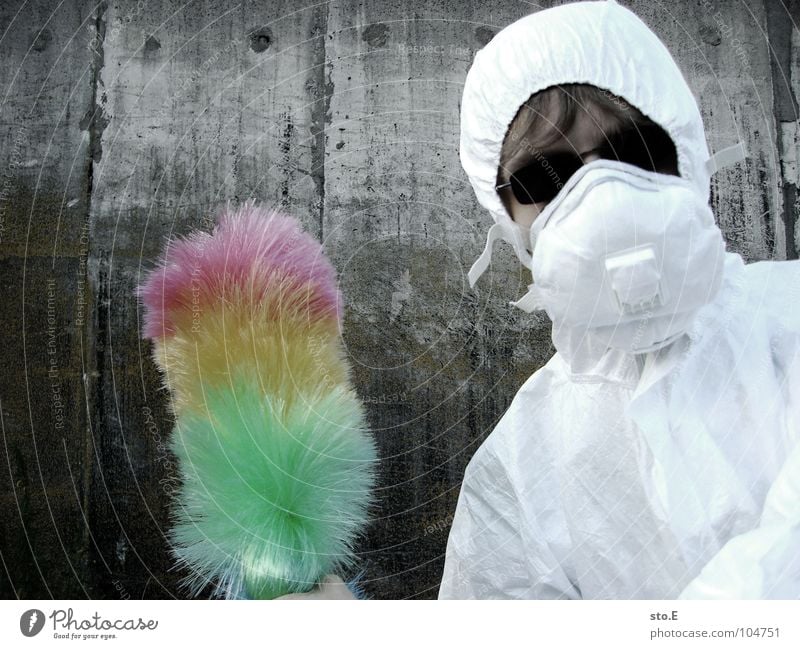 [b/w] wedelkämpfer #2 Fellow Posture White Working clothes Quarantine Laboratory Laboratory assistant Cleaning Cleaner Feather duster Multicoloured Mask