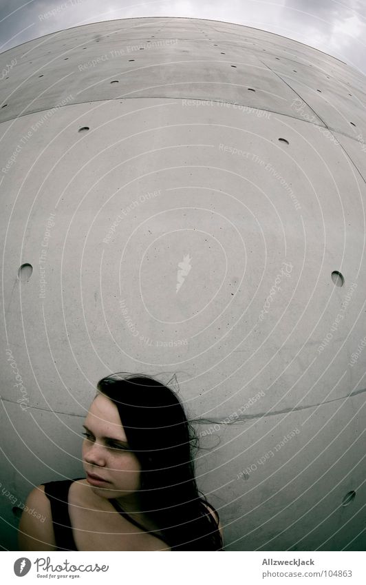planet concrete II Concrete Wall (building) Wall (barrier) Cement Gray Fisheye Portrait photograph Woman Bad weather Clouds Modern Tall Wind Hair and hairstyles