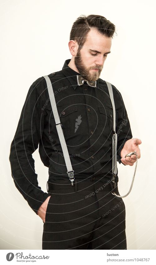 young man | hipster with beard and suit looking at pocket watch Human being Masculine Young man Youth (Young adults) 1 18 - 30 years Adults Fashion Shirt Fly