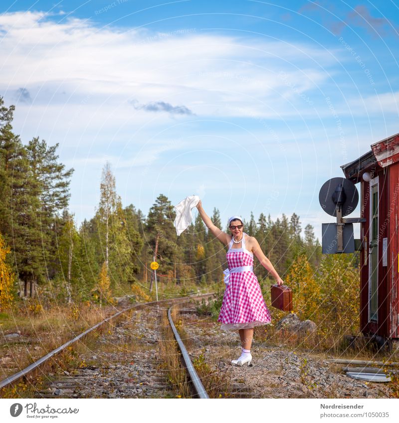 demand stop Lifestyle Vacation & Travel Far-off places Human being Feminine Woman Adults Transport Rail transport Train station Platform Railroad tracks Dress