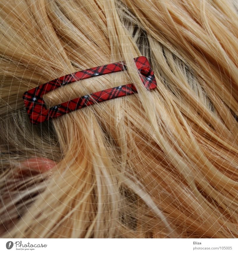 blonde hair with a hair clip in tartan pattern hairstyle Brooch Stewart tartan Pattern Checkered Scotland Hair accessories Human being Blonde Hair barrette