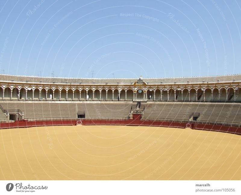 Plaza de Toros Bullfight Seville Seating Round Bullfighter Spain Summer Europe Andalucia Red Yellow Landmark Monument Arena Blue Sand
