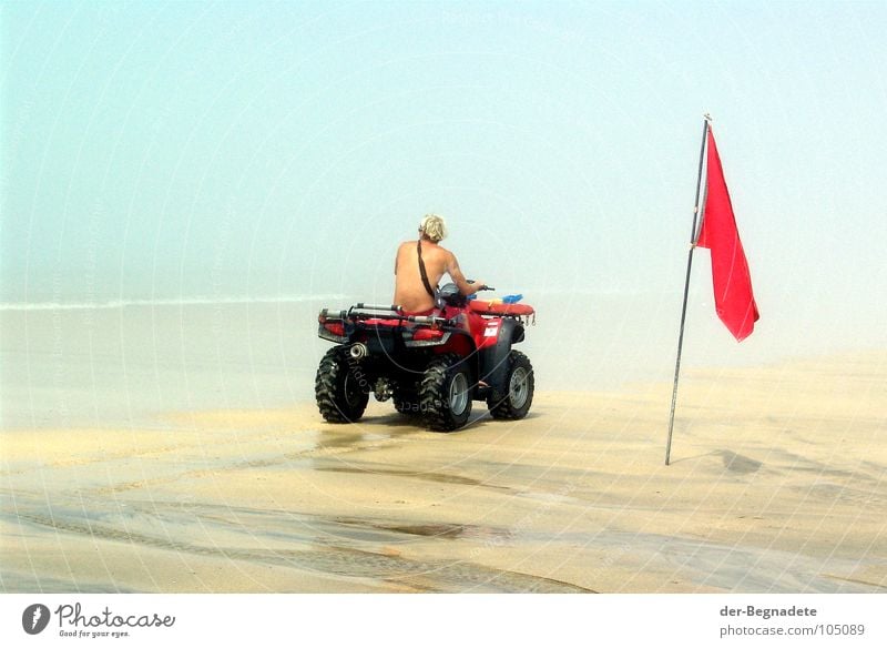 baywatch Joy Swimming & Bathing Summer Beach Ocean Man Adults Back Sand Fog Blonde Flag Red Safety Help Sandy beach Low tide Buggy (Motorbike) Flagpole