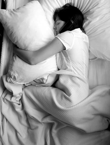 Sleeping Beauty Bed Dream Woman Embrace Cushion Calm Black & white photo Pillow