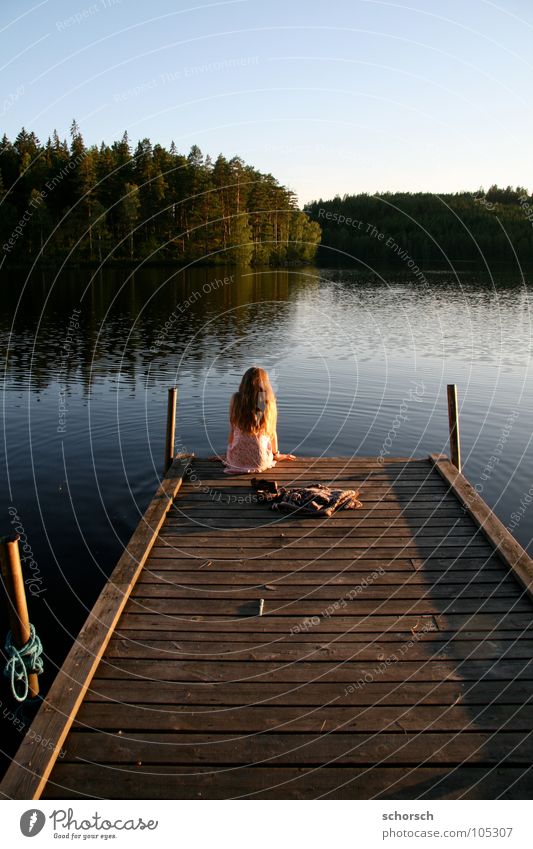 landing stage Footbridge Young woman Wood Forest Lake Sunset Water Sweden