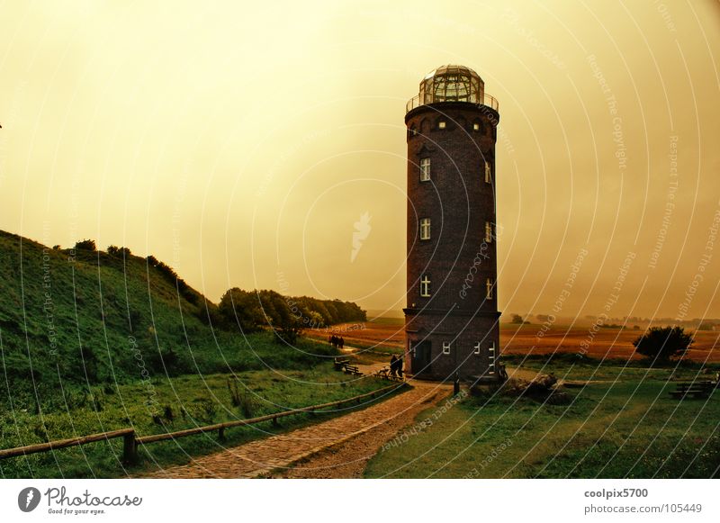 Bearing tower at Cape Arkona Lighthouse Rügen Cap Arcona Ocean Vacation & Travel Beach Watercraft Lamp Meadow Coast Yellow Red White Clouds Bad weather