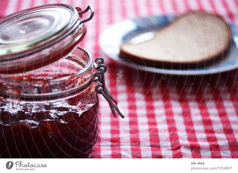 Jam Bread Breakfast Food Slice of bread Nutrition Eating Plate Tablecloth Jam jar Delicious Healthy Eating Living or residing Colour photo Interior shot