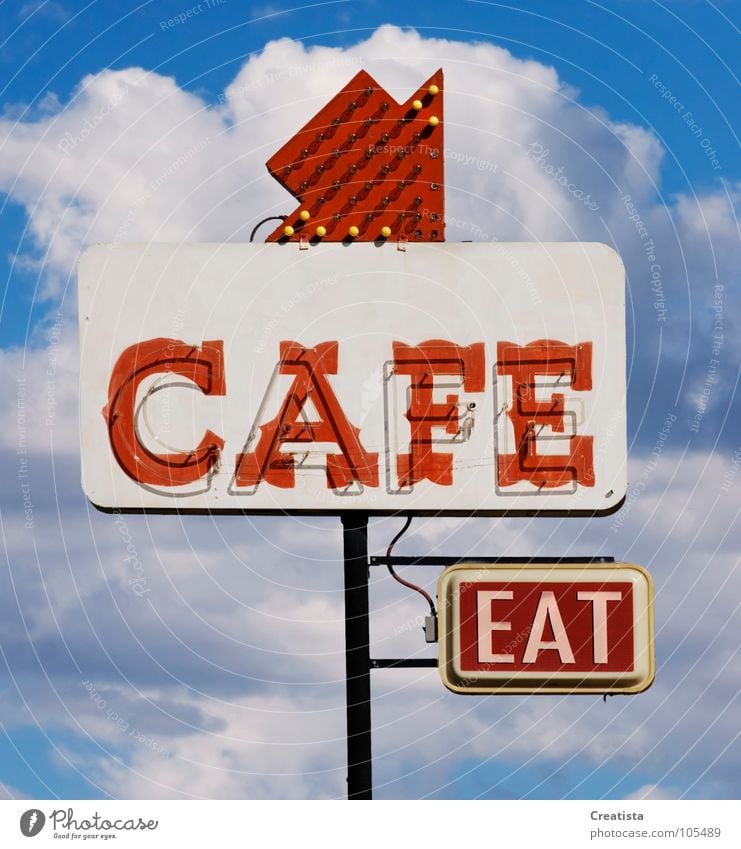 Cafe Eat Café Restaurant Nutrition Beverage Sky Neon light Cumulus Signage Billboard Neon sign Day Invitation Arrow Isolated Image English Typography Word