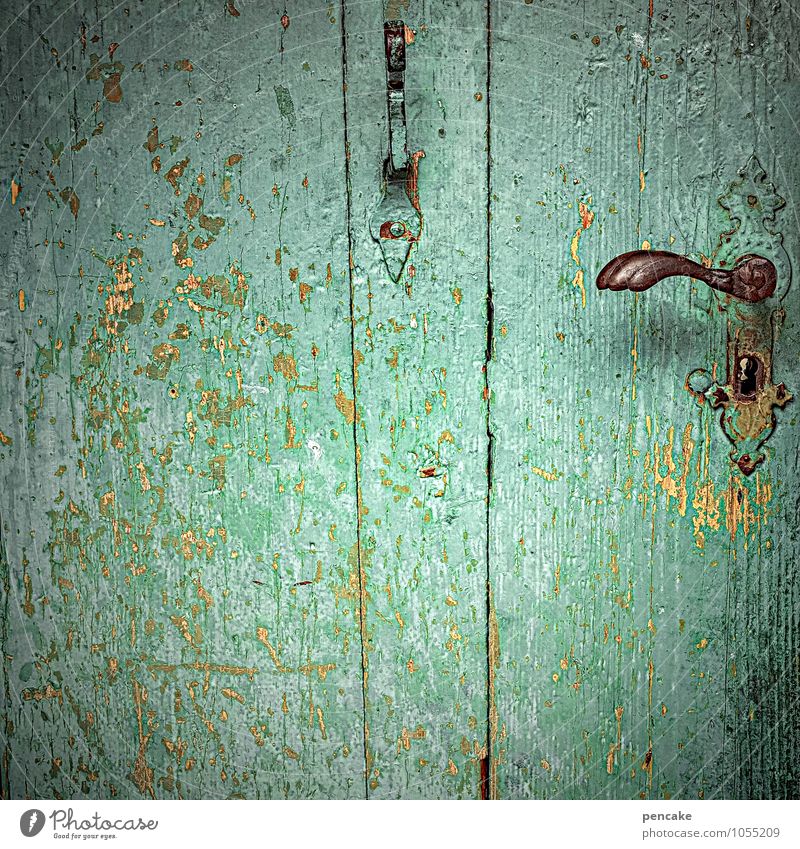 It doesn't get greener Door Wood Sign Esthetic Turquoise Keyhole Derelict Checkmark Door handle Old fashioned Varnish Flake off Colour photo Exterior shot