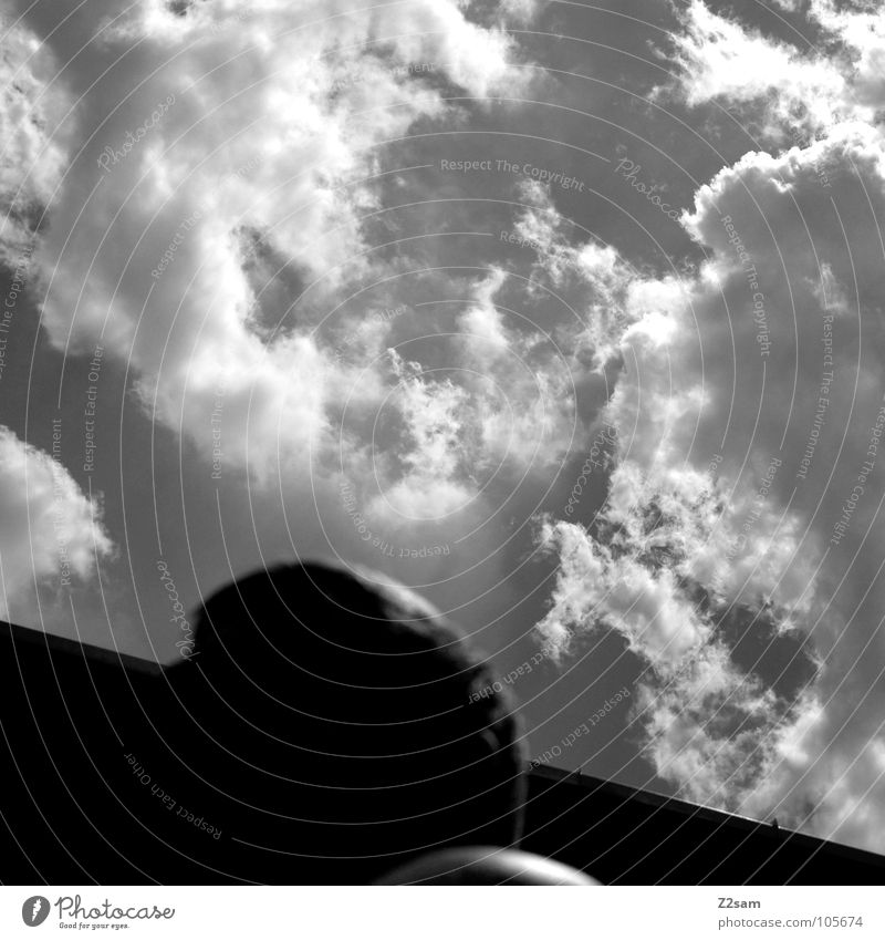 sunday morning Man Sky Clouds House (Residential Structure) Roof Graphic Simple Human being Black & white photo Head Line