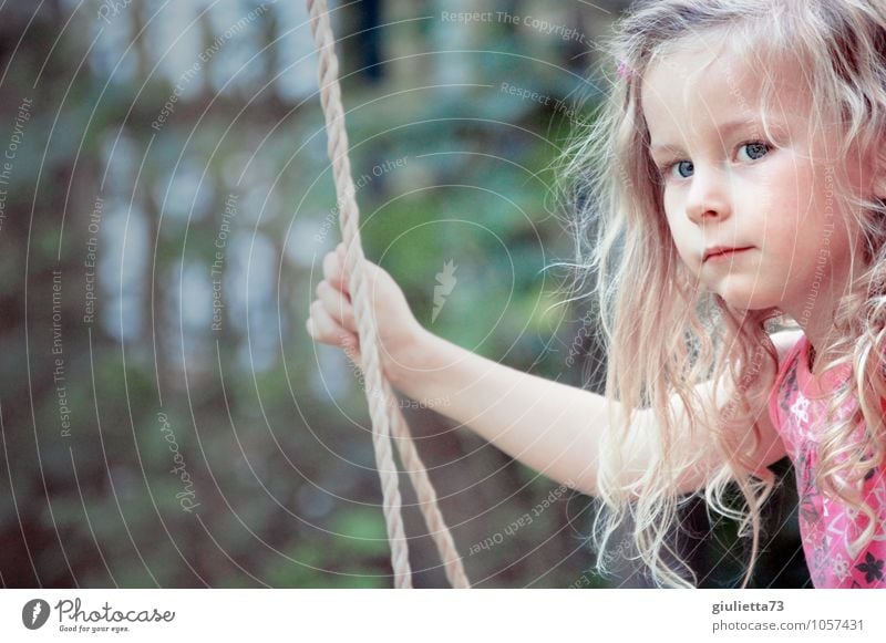A gold piece for your thoughts! | Little girl with blond long hair, alone, lost in thought on the swing Human being Feminine Child Toddler Girl Head
