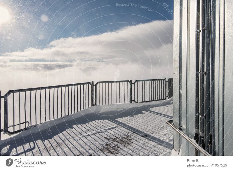 above the clouds Clouds Winter Beautiful weather Ice Frost Snow Snowfall Wall (barrier) Wall (building) Facade Terrace Bright Tall Zugspitze Vantage point