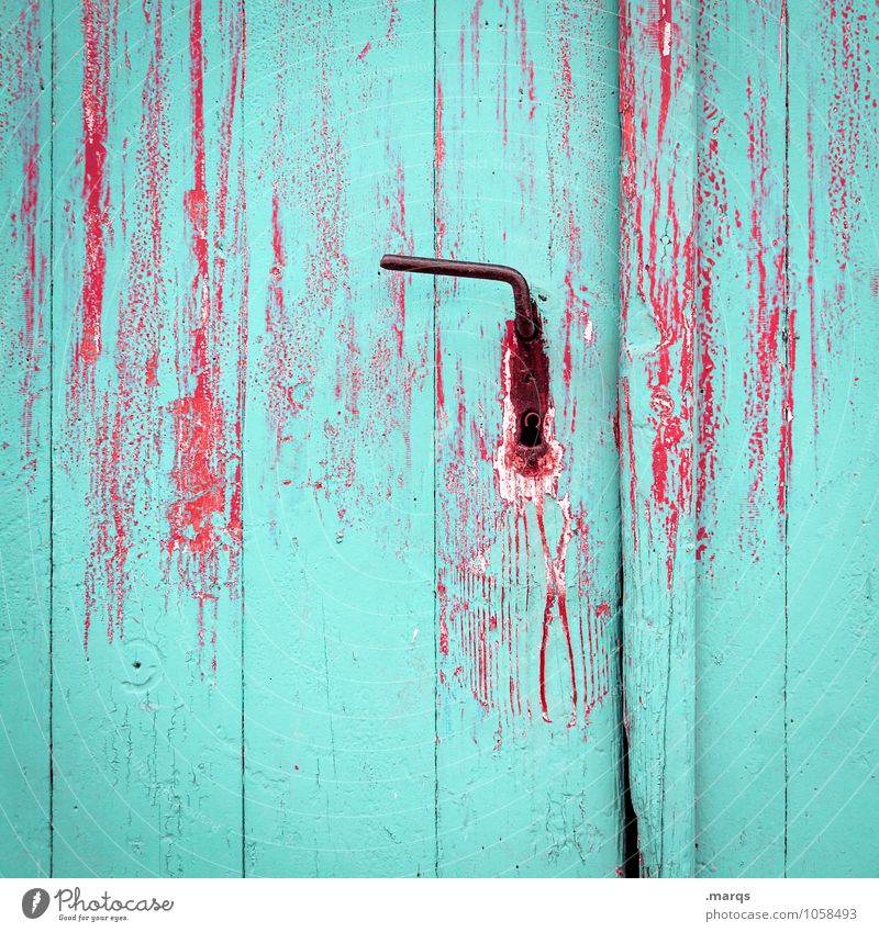 entrance Door Door handle Door lock Dye Varnish Old Red Turquoise Colour Decline Front door Colour photo Exterior shot Close-up Structures and shapes Deserted