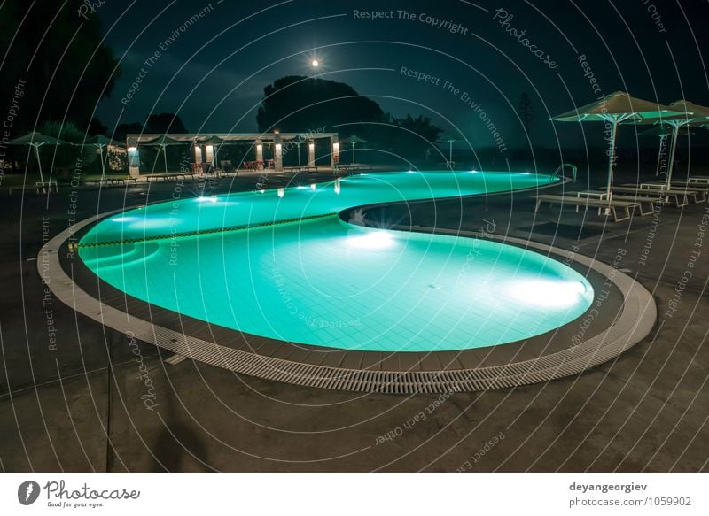 Pool, sunbeds and umbrellas at night. Night lights. Luxury Joy Beautiful Relaxation Vacation & Travel Tourism Summer Island Decoration Swimming pool Nature Sky