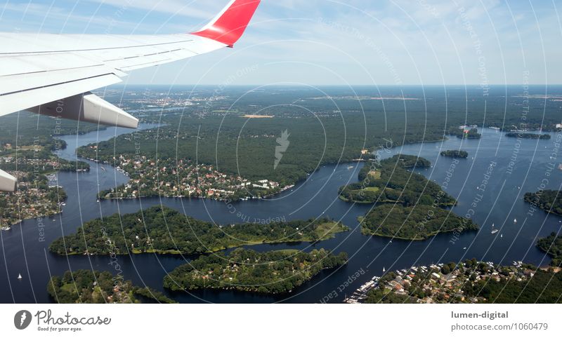 Lake Tegel from the plane Island Nature Landscape Summer Beautiful weather Forest Coast Lakeside Village Town Capital city Outskirts Harbour Watercraft Airplane