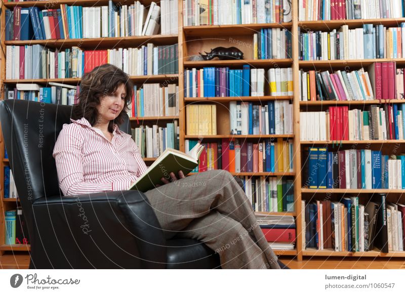Reading woman sitting in an armchair Relaxation Armchair Education Woman Adults 1 Human being 30 - 45 years Print media Book Library Sit Living or residing look