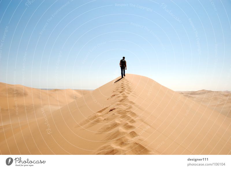 Long way to go Africa Namibia Tracks Stride Physics Hot Cold Loneliness Sand Doomed Calm Gale Hiking Footprint Footwear Exhaustion Fatigue Safari Far-off places