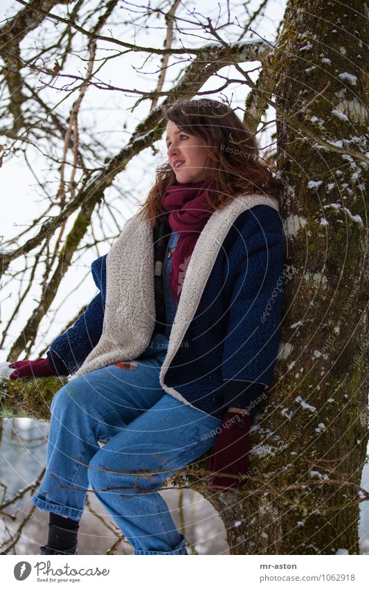 Sitting on a tree doing nothing Exotic Snow Garden Human being Feminine Young woman Youth (Young adults) 1 18 - 30 years Adults Winter Ice Frost Tree Fur coat