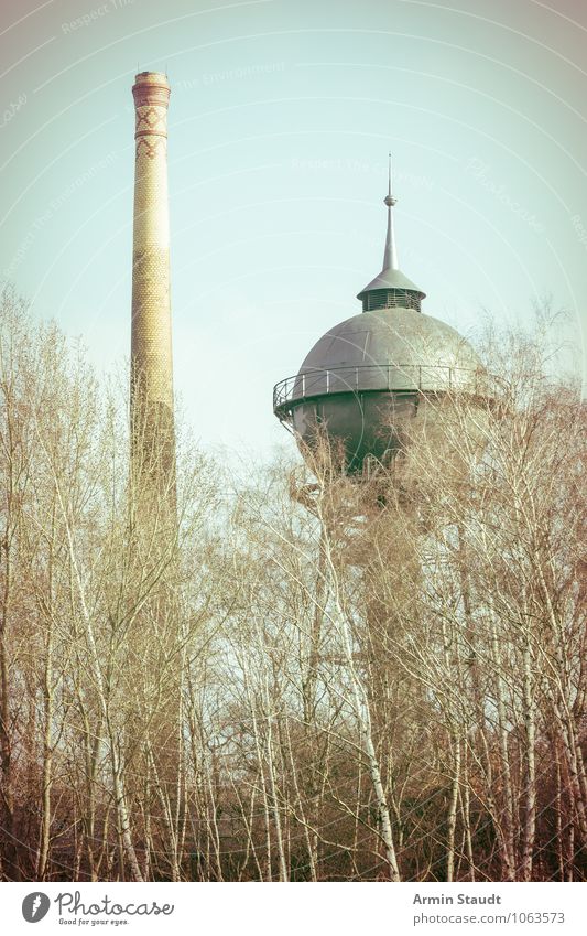 Old water tower and chimney Technology Industry Nature Cloudless sky Autumn Winter Beautiful weather Tree Birch tree Park Forest Deserted Industrial plant