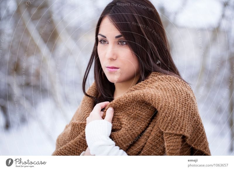 ice age Feminine Young woman Youth (Young adults) Face 1 Human being 18 - 30 years Adults Winter Snow Scarf Bright Uniqueness Cold Colour photo Exterior shot