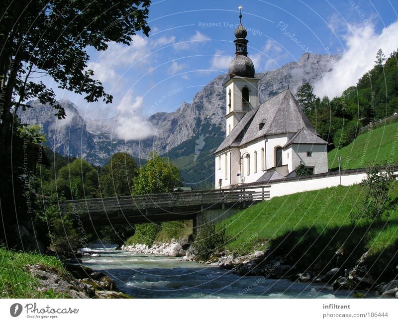 Idyllic Ramsau Ramsau near Berchtesgaden Vacation & Travel Bavaria Brook Clouds Mountain House of worship Summer Religion and faith Landscape Bridge Nature