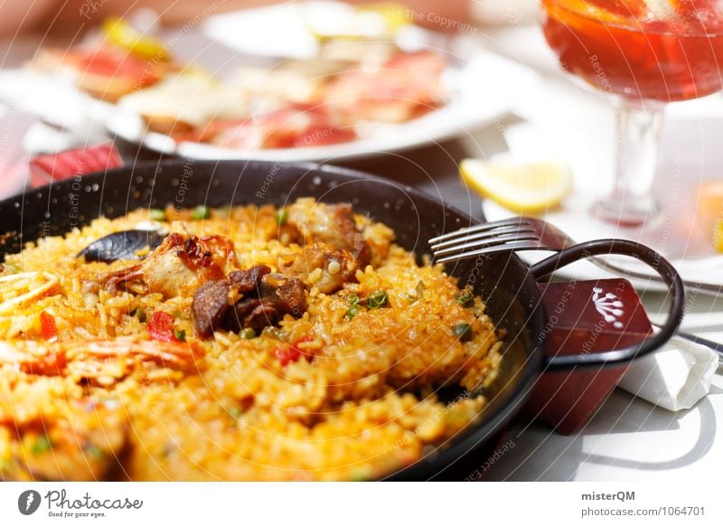 Spanish Food III Meat Fish Seafood Vegetable Nutrition Lunch Slow food Esthetic paella Spain Majorca Delicious Pan Table Colour photo Subdued colour
